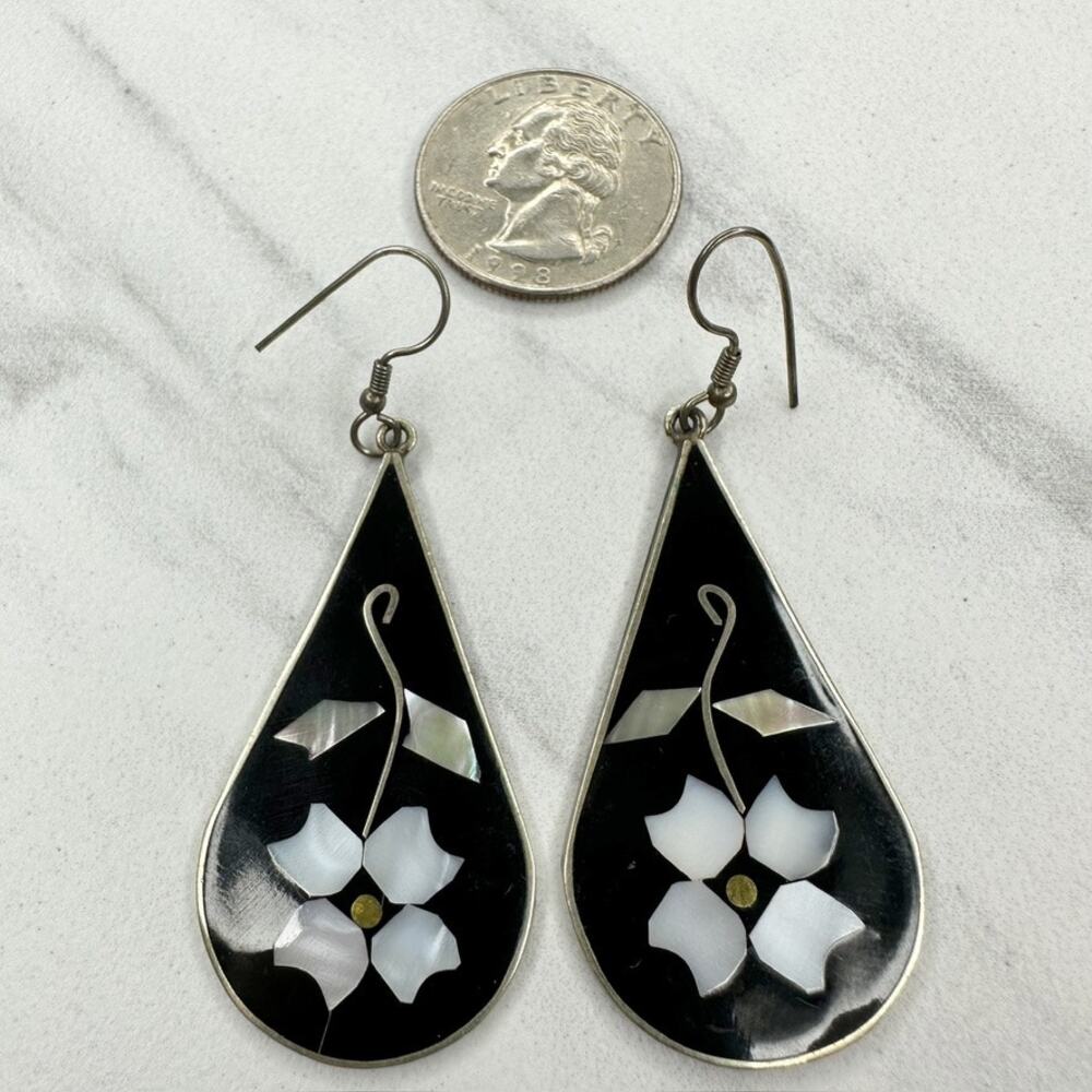 Vintage Alpaca Mexico Mother of Pearl Abalone Flower Inlay Teardrop Earrings ✨ - Picture 4 of 7